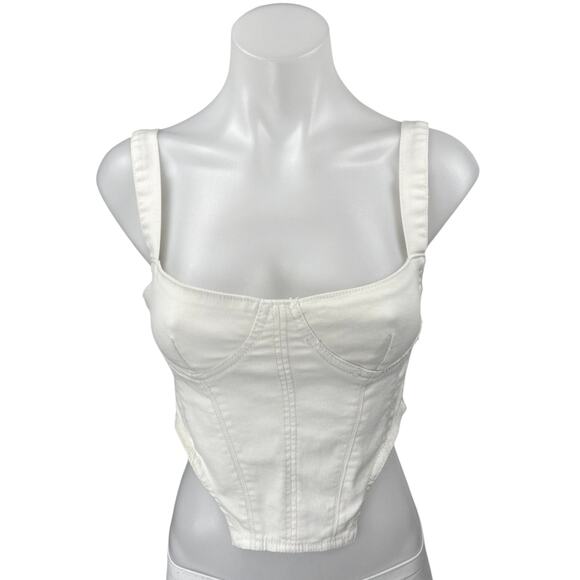 Zara White Denim Sleeveless Square Neck Corset Bandeau Bustier Crop Tank Top S - Picture 1 of 4